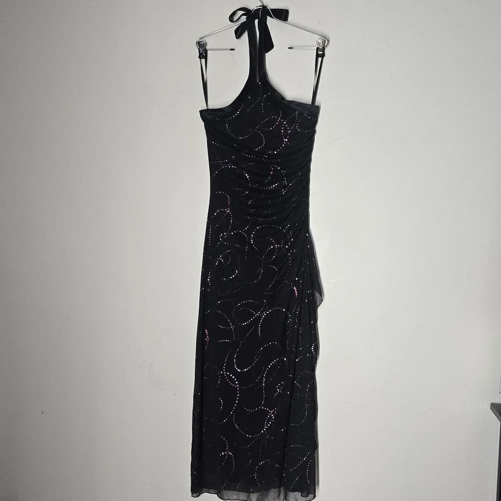 Vtg Y2K I.N. San Francisco Black Pink Glitter Halter Formal Dress Ruched L USA